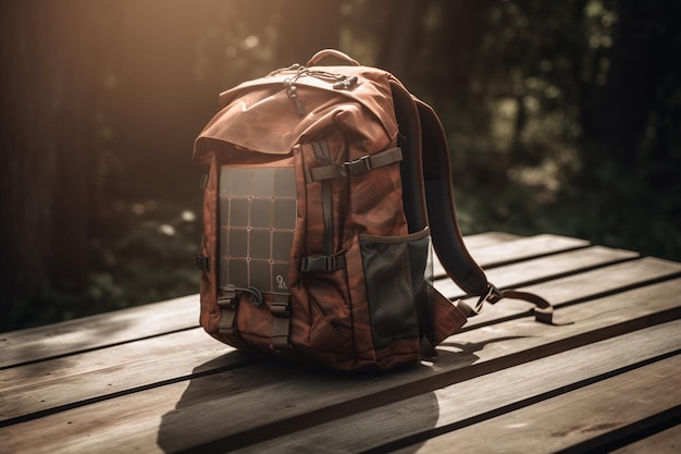 A backpack with a solar panel on it sits on a wooden bench.