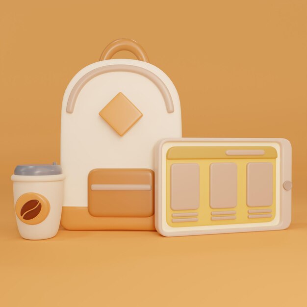 Backpack with tablet and coffee 3D illustration