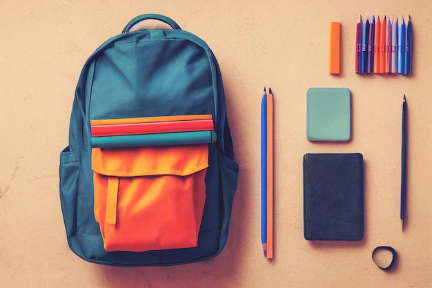 Backpack with various colorful stationery on a table of school supplies against a black background