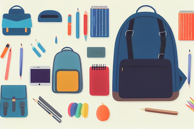 Backpack with various colorful stationery on a table of school supplies against a black background