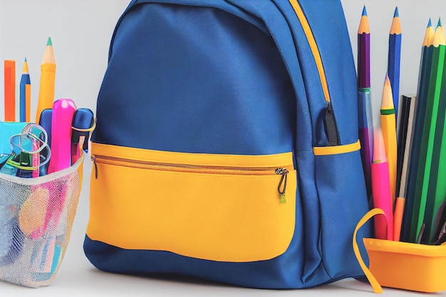 Backpack with various colorful stationery on a table of school supplies against a black background