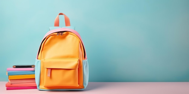 Backpack with various office supplies on the table