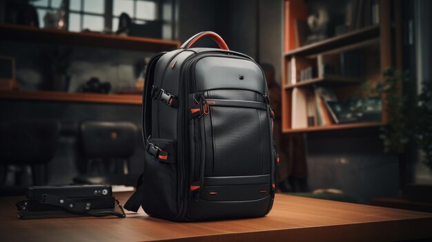 Photo backpack on wooden table