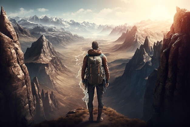 A backpacker or adventurer standing atop a mountain or cliff gazing out at the valley below AI