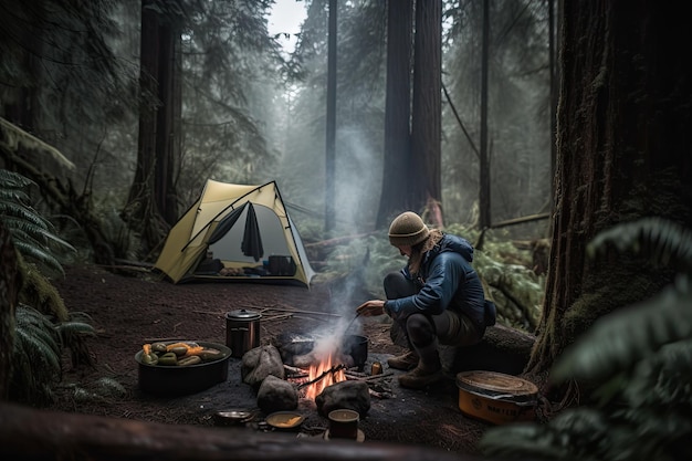 Backpacker cooking meal over campfire surrounded by towering trees created with generative ai