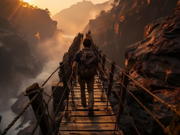 Photo a backpacker crossing a rickety suspension bridge over a deep canyon