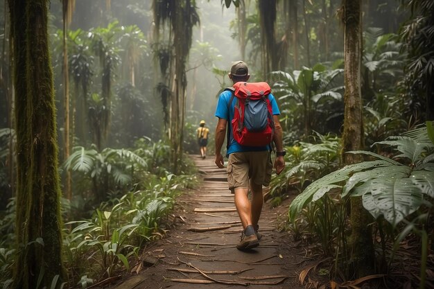 Backpacker die het regenwoud van Borneo verkent