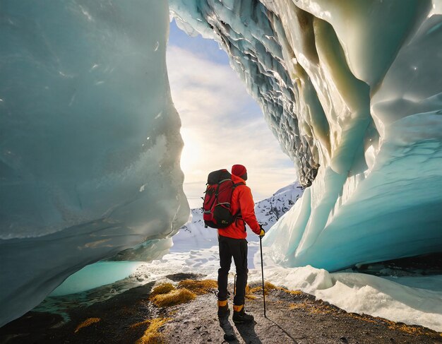 Backpacker explores the inside a glacial ice cave Entrance of an ice cave with a man adventure trave