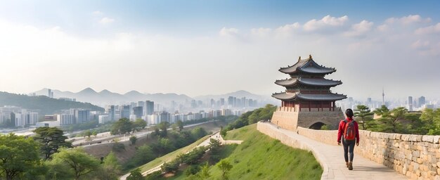 Photo backpacker exploring suwon historical circuit and green parks around hwaseong fortress in south kore