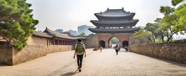 Photo backpacker exploring suwon hwaseong fortress and green parks on suwon historical circuit ride south