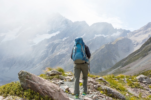 Backpacker in a hike in the summer mountains