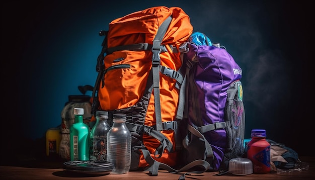 Backpacker hiking mountain with equipment and lantern generated by AI