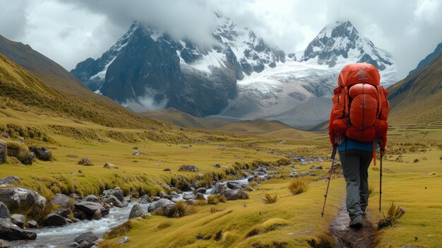 A backpacker hiking in the mountains of Peru