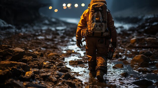 A backpacker on his back exploring a rocky desert landscape at night