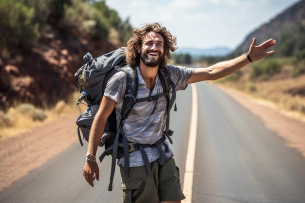 Photo backpacker hitchhiking on a remote road generative ai