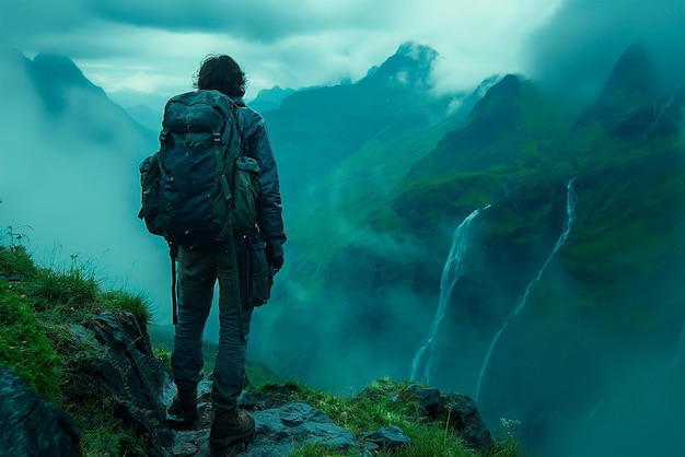 Foto backpacker kijkt naar een waterval