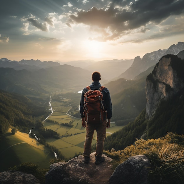 Backpacker met een mooi uitzicht op de natuur