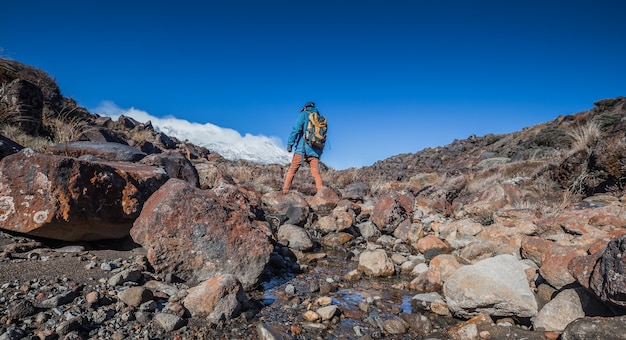 backpacker op de route in een nationaal park