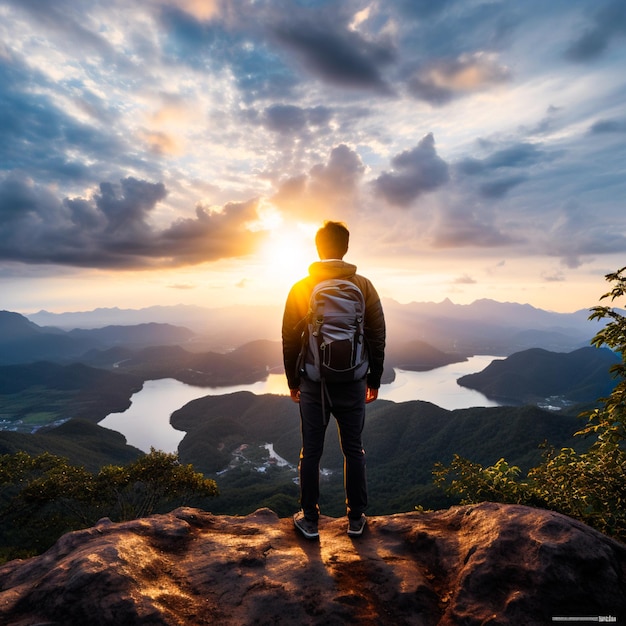 Backpacker staat op het uitkijkpunt van de zonsopgang Surat Thani in Thailand