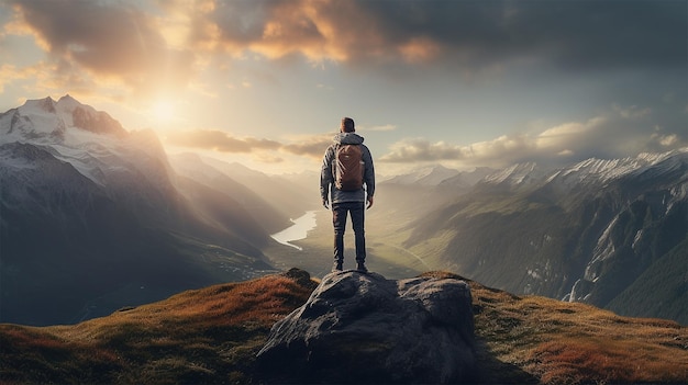 Backpacker standing on the peaks mountain landscapes serene vistas exploration conquer challenge