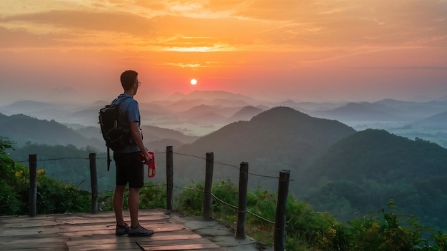 Backpacker standing on sunrise viewpoint at ja bo village mae hong son province thailand