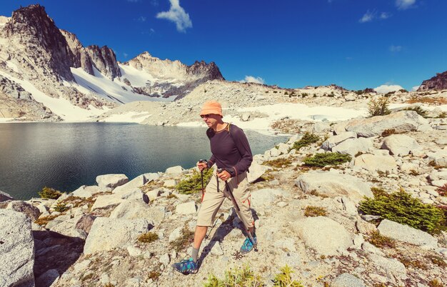 Backpacker in the summer mountains