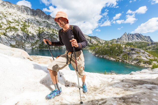 Backpacker in the summer mountains