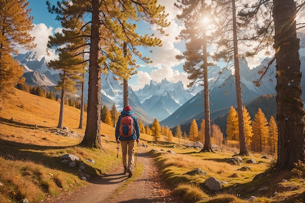 Photo backpacker walking in larch tree woodland of the italian french alps colorful autumn season toned and