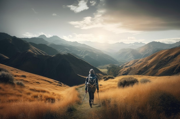 Backpacker walking in the mountains surrounded by stunning scenery created with generative ai