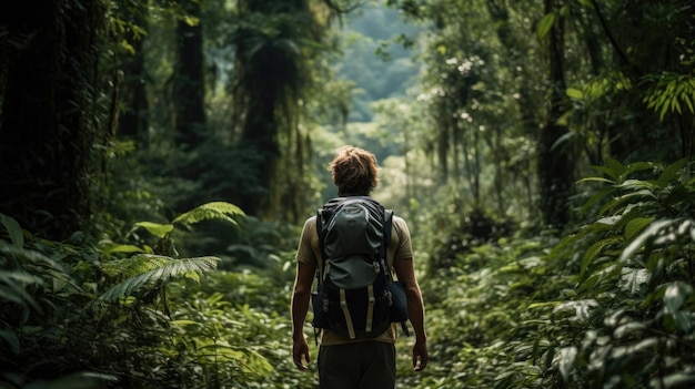 Backpacker walking through the jungle of Nepal