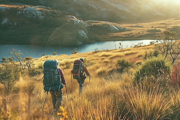 Backpackers exploring remote and untouched natural settings