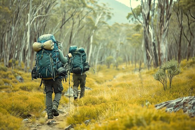 Photo backpackers exploring remote and untouched natural settings