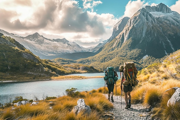 Backpackers exploring remote and untouched natural settings