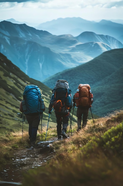 Backpackers in mountains group adventure travel and hike story