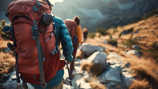 Путешественники с рюкзаком путешествуют по потрясающим природным пейзажам гор