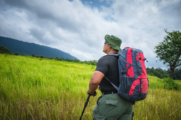 Backpackertrekking om de natuur van tropisch bos te bestuderen voor ecotoerisme. Toeristentrekking om de schoonheid van het tropische bos in Khao Yai National Park te zien. UNESCO-werelderfgoedgebied, ongezien Thailand.