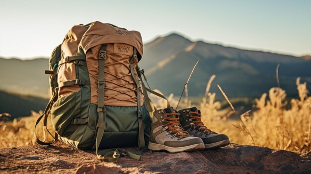 背包とハイキングブーツは,朝の光で丘の上に,背景は山の景色です.