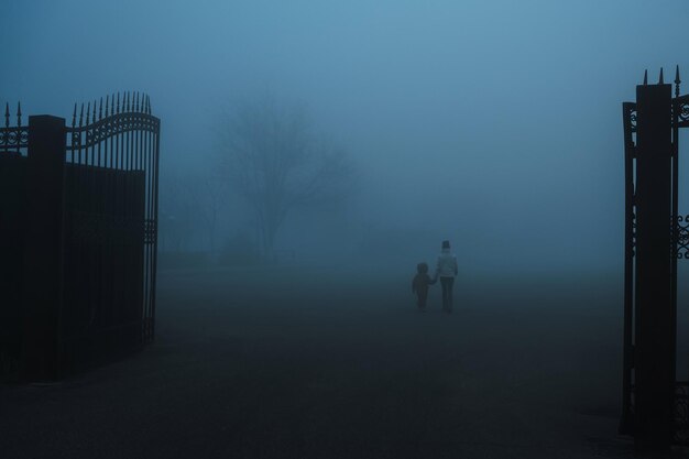 На спине женщины-матери с ребенком-сыном, идущей по туманному мистическому городу Туманный пейзаж с людьми осенью в туманном тумане