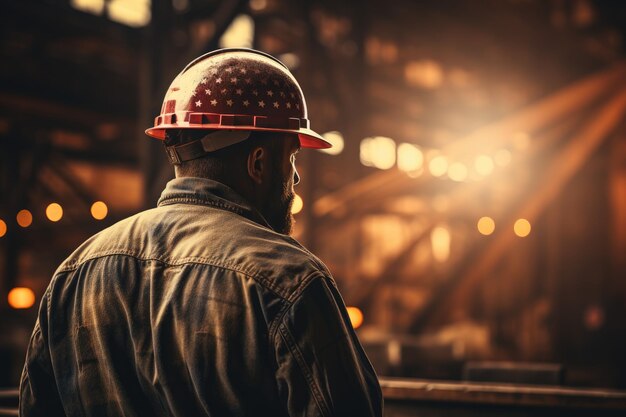 Backshot van een werknemer-aannemer die een helm draagt en veiligheidswandelingen maakt tijdens de bouw van een industrieel gebouw
