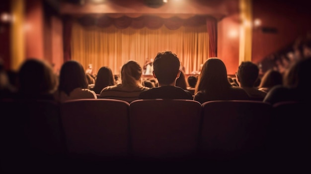 Backside of blurred People or audience gathered in theatre or auditorium for watching performance of actor or listening speaker Generative AI illustration