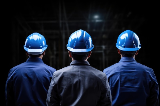 Backside of a Builder in Blue Suit and Safety Helmet