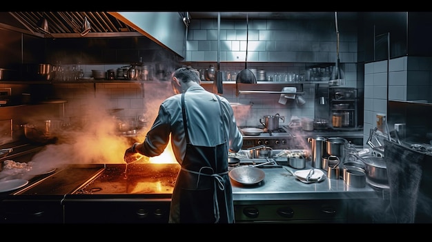Backside of a chef is cooking in the modern restaurant kitchen Generative AI
