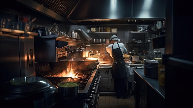 Photo backside of a chef is cooking in the modern restaurant kitchen generative ai