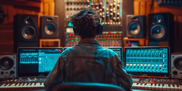 Backside view of a person in a recording studio