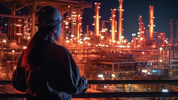 Backside of woman petrochemical engineer working at night with laptop Inside oil and gas refinery plant industry factory at night for inspector safety quality control Generative AI