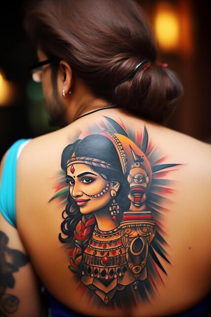 Foto l'arte di dietro le quinte un affascinante tatuaggio yakshagana graziosamente adornato sulla pelle di una bellissima donna