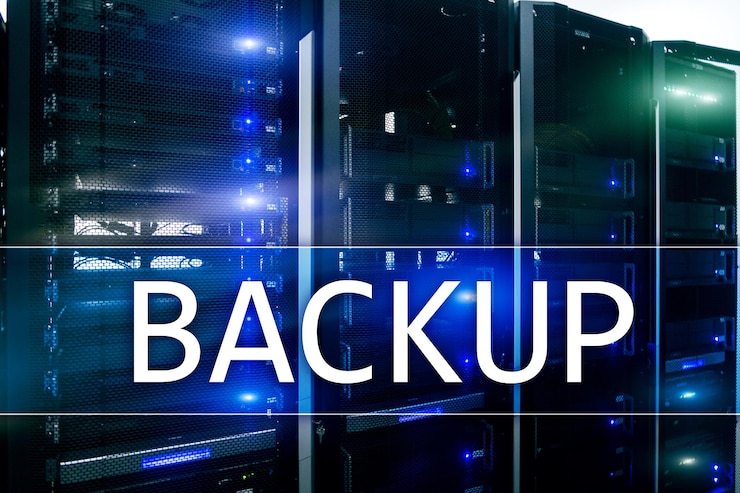 Photo backup button on modern server room background data loss prevention system recovery