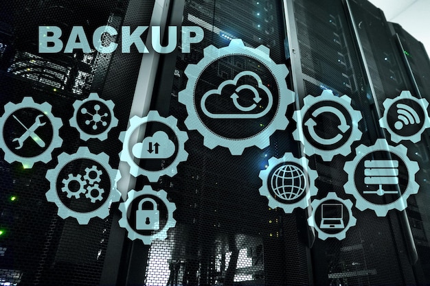 Foto concetto di tecnologia di ripristino del sistema di backup su sfondo moderno della sala server
