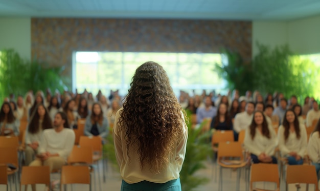 Foto retrospettiva di una donna bruna con i capelli lunghi e ricci che parla motivazionalmente davanti alla sua riunione di conferenza