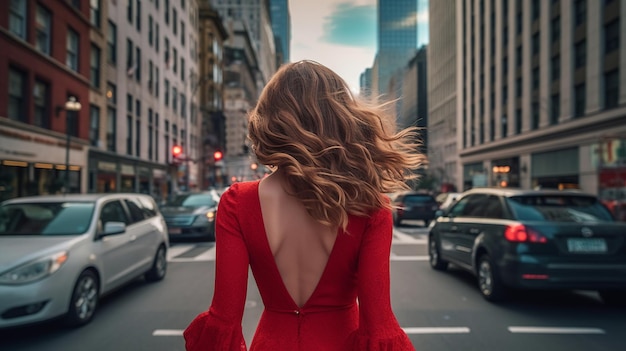 A backview portrait captures the allure of a woman adorned in a vibrant red dress